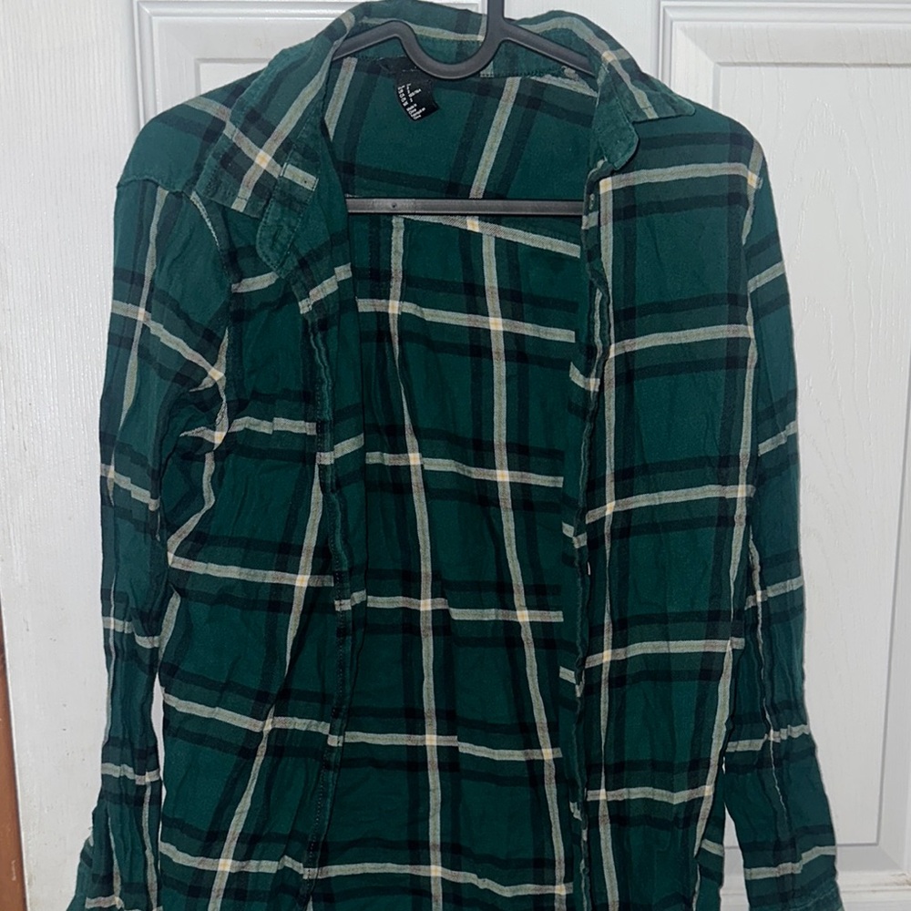 H&M Green and White Lightweight Plaid Shirt Jacket